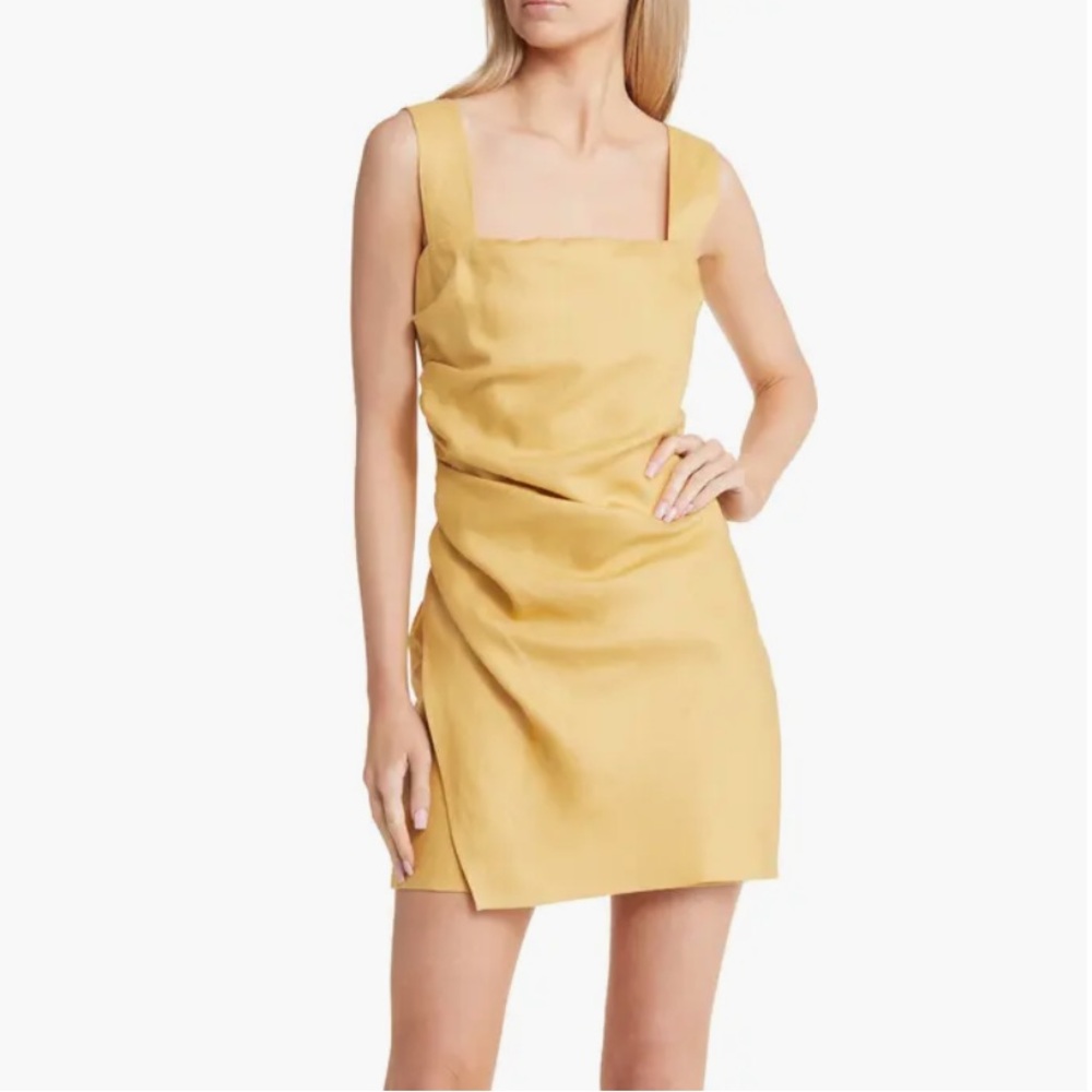 Reformation Kerrigan 100% Linen Mini Ruched Flap Skirt Dress in yellow size 12